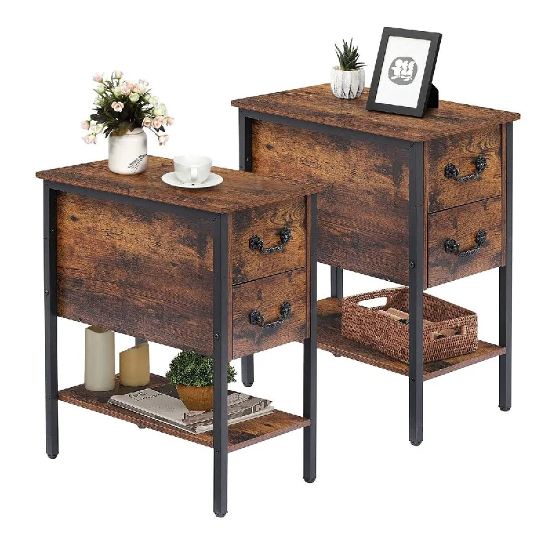 Industrial 2-Drawer Nightstand Narrow End Side Table (Set of 2)