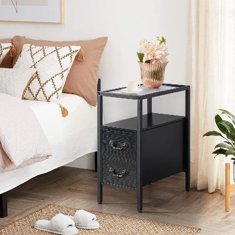 Industrial 2-Drawer Tempered Glass Narrow Nightstands /End Side Tables