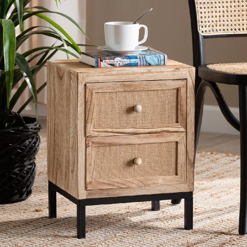 Lalette Mid-Century Modern Oak Brown Finished Wood and Black Metal 2-Drawer Nightstand