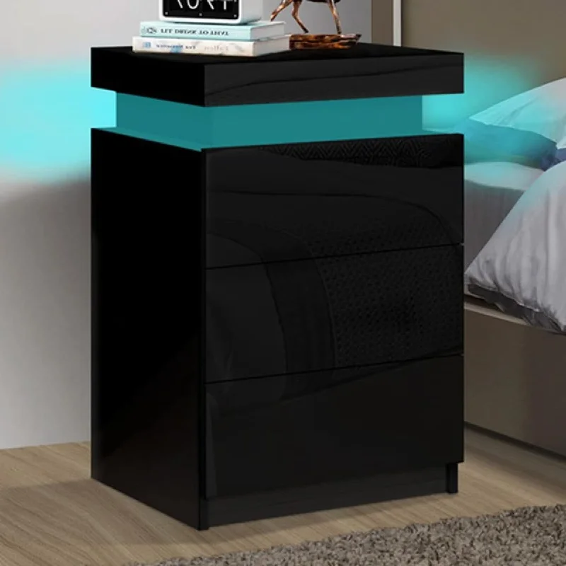 LED Nightstand with Flip Top and Drawers, Black Night Stands with Colorful LED Lights and High Gloss UV Drawers