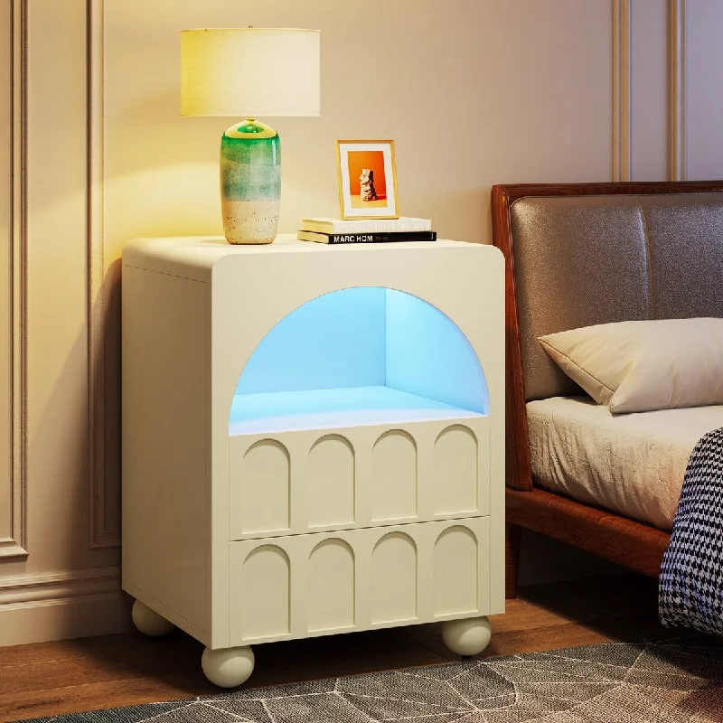 Nightstand with 2 Drawers, Beside Table with LED Lights and Storage - White