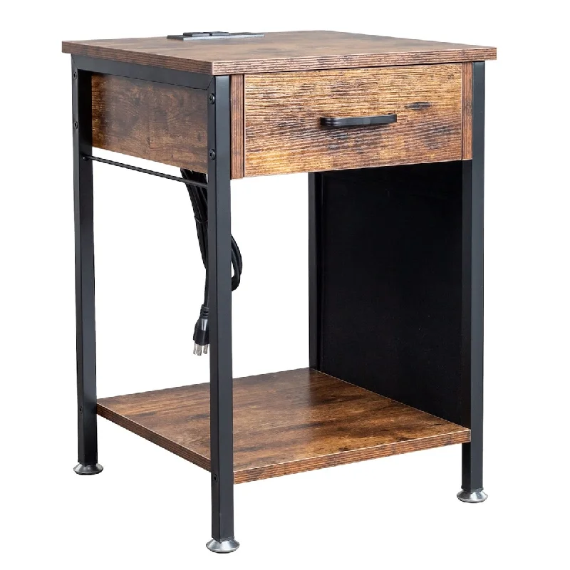 Nightstand with Charging Station and Drawer, Retro Night Stand with USB and Outlet, 15.75x15.75x22 in