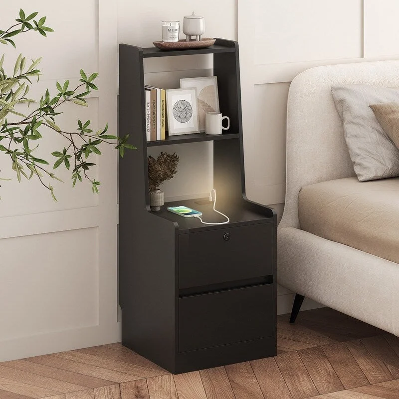 Nightstand with Charging Station, Smart Nightstand with Night Light, Modern Night Stand with Bookshelf and Storage Black