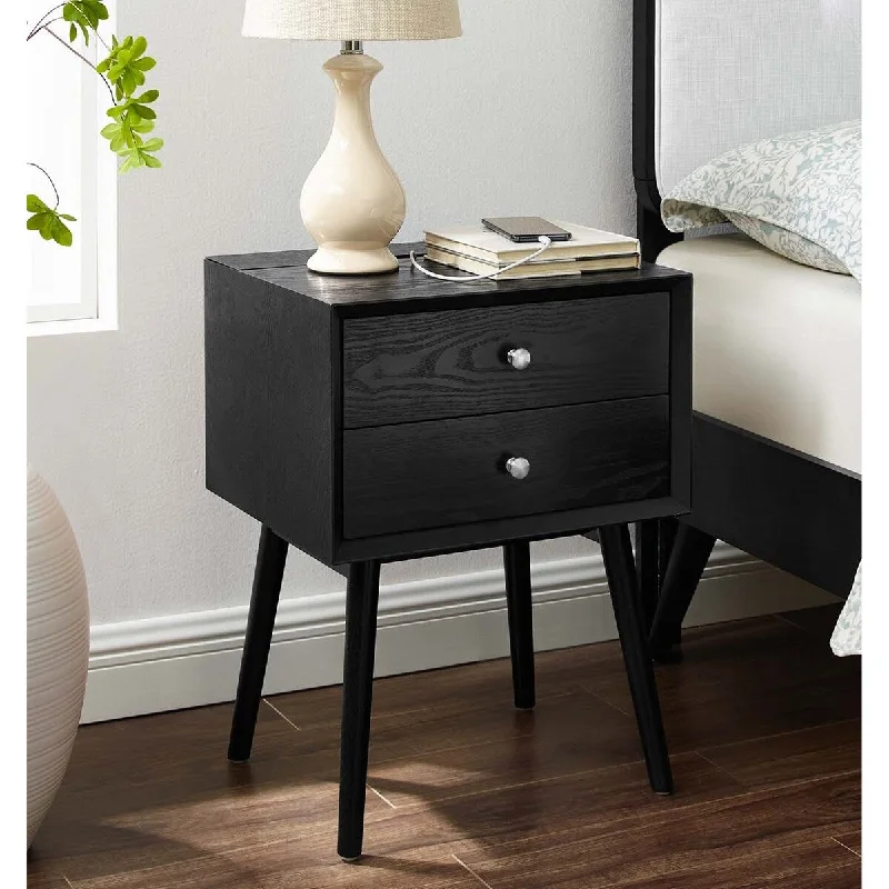 Olson Mid-century Modern Black Wooden Nightstand with Hidden Charging Station