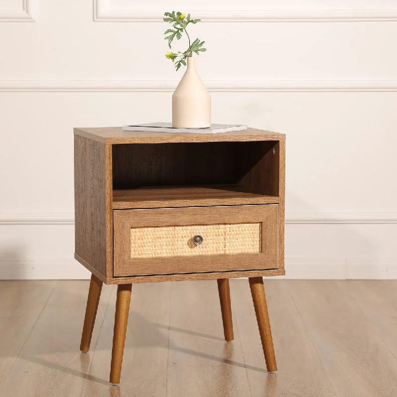 Rattan Nightstand, Boho Side Table with Handmade Rattan Decorated Drawer, Mid-Century Modern Nightstand with Open Storage Shelf