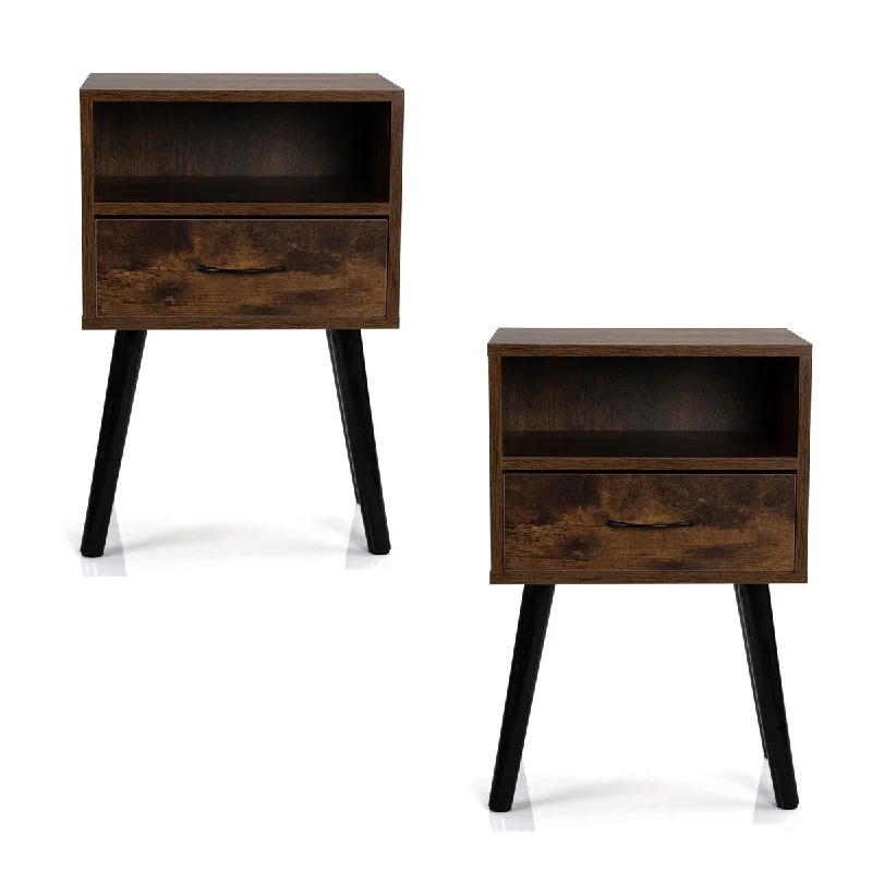 Rustic Brown Mid Century Nightstand Set with Drawer and Shelf