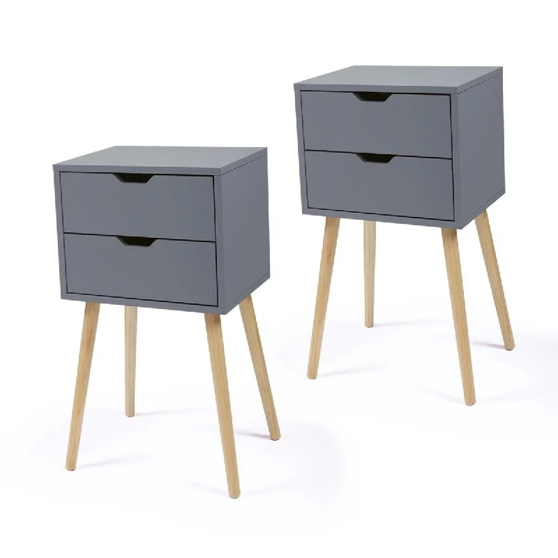 Set of 2 Grey Nightstand With 2 Storage Drawers