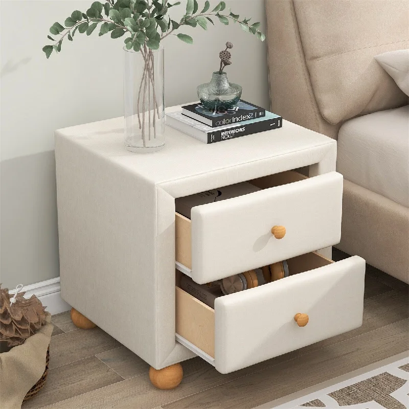 Upholstered Storage Nightstand with 2 Drawers Natural Wood Knobs Beige