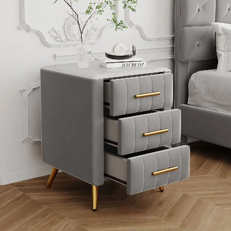 Upholstered Wooden Nightstand with 3 Drawers and Metal Legs&Handles,Fully Assembled Except Legs&Handles